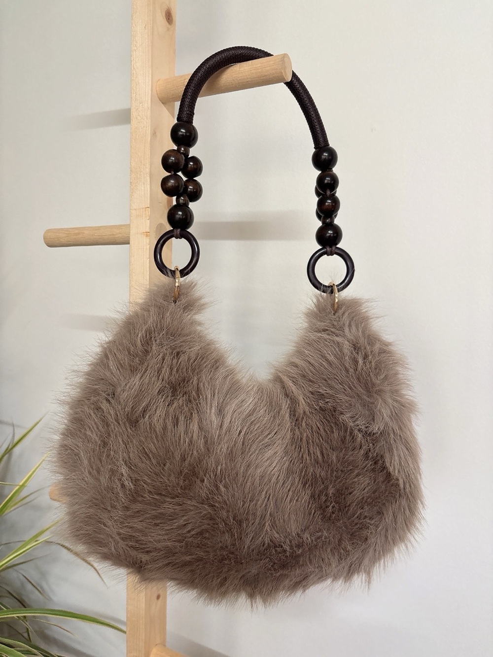 Faux Fur Hobo Bag with Beaded Handle - Taupe